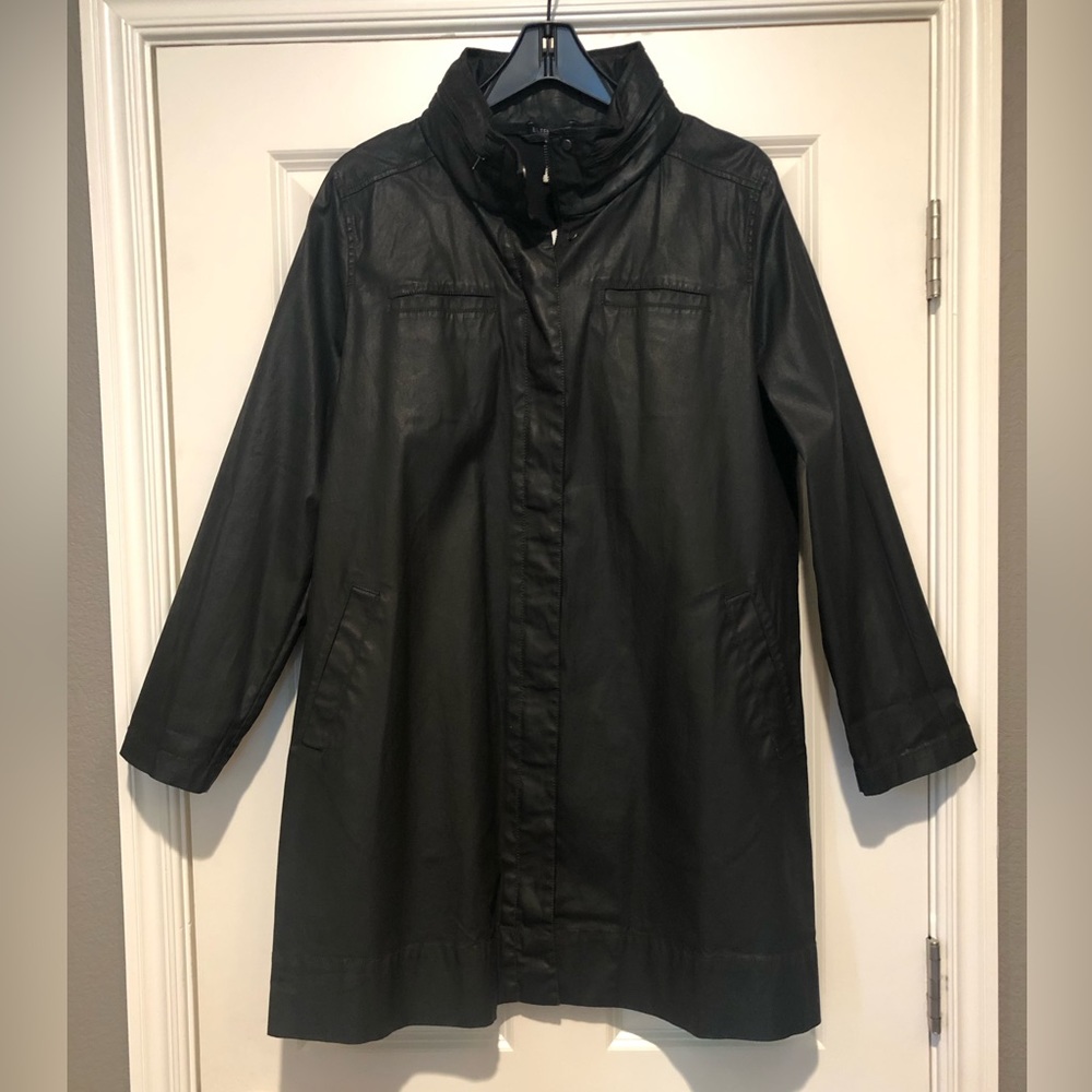 Eileen Fisher Waxed Cotton Stretch Twill Black A-Line Jacket - Size M